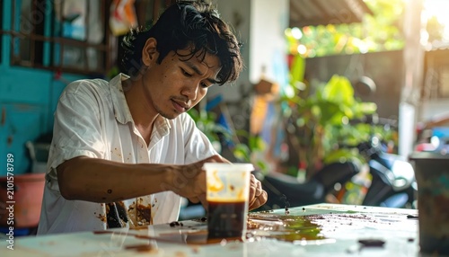 Skilled artisan craftsman working at a cluttered workshop table.