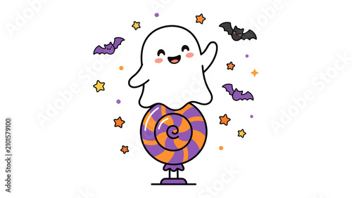 Obraz na płótnie Cute Halloween Ghost on a Swirl Lollipop: A charming ghost character with a beaming smile rides atop a colorful swirl lollipop, surrounded by festive bats and twinkling stars