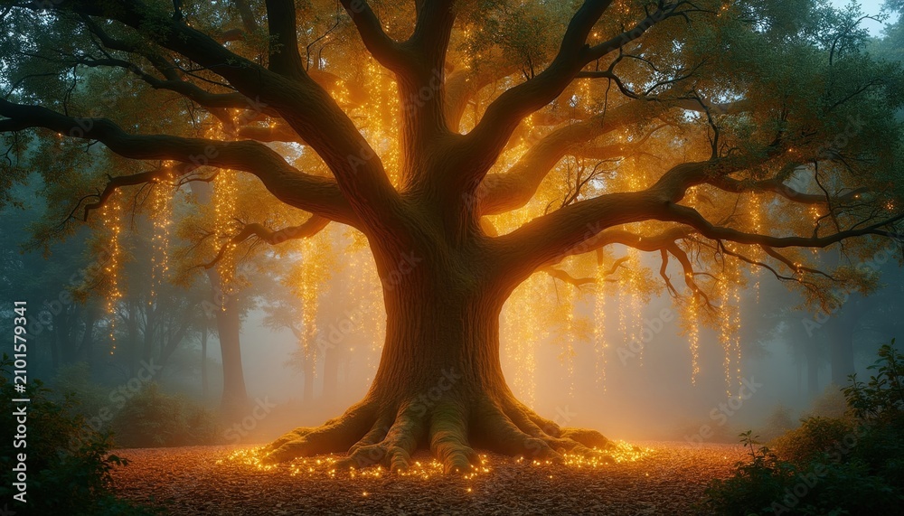 Obraz premium Enchanted forest with a large ancient oak tree illuminated by warm golden fairy lights. Misty atmosphere creates a magical, dreamlike, and serene natural landscape setting.