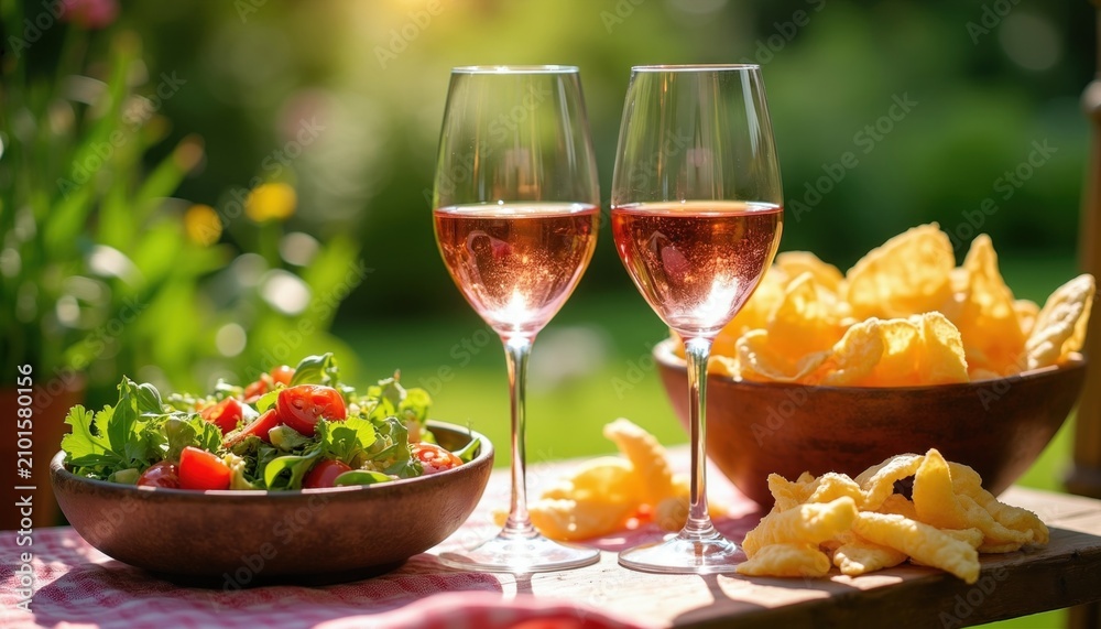 Obraz premium Two glasses of rose wine sit near salad and chips on a table. Sunlight filters through green garden plants. Refreshing drinks and snacks for outdoor relaxation and social gatherings are ready.