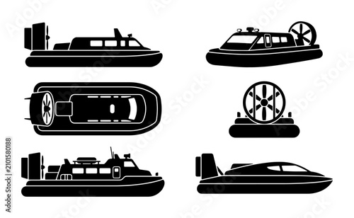 Fotografie Hovercraft Vector Icons, Amphibious Vehicle Silhouettes, Watercraft Set