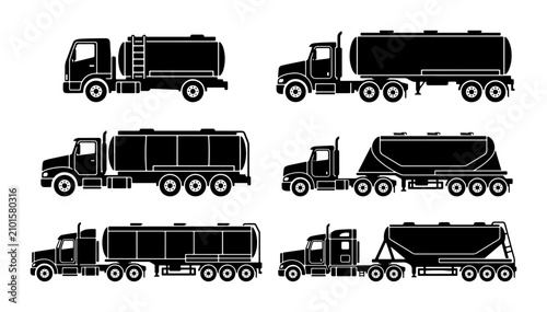 Tableau sur toile Tanker Truck Icons Set, Liquid Transport Vehicles, Industrial Haulage Silhouette