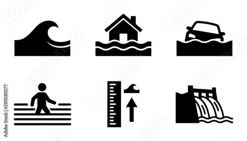 Obraz na płótnie Flood Icons Set: Water Wave, Flooded House, Submerged Car, Person Wading, Water