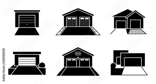 Obraz na plátne Garage Icons Set, Residential Building Facades, Car Storage Architecture, Modern