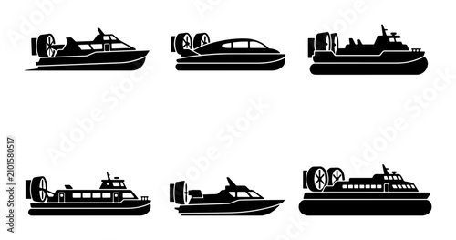 Tableau sur toile Hovercraft Icons Set, Air Cushion Vehicle Silhouettes, Marine Transport Vector C