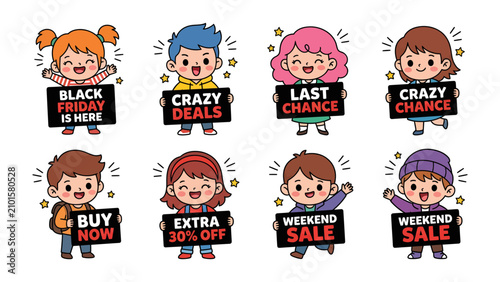 Quadro su tela Cute Kids with Sale Signs: A collection of adorable cartoon children excitedly hold up various sale signs, promoting special offers like Black Friday is Here, Crazy Deals, Last Chance, Buy Now