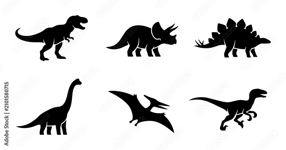 Obraz premium Dinosaur Silhouettes Collection: Tyrannosaurus, Triceratops, Stegosaurus, Brontosaurus, Pterodactyl, Raptor Icons