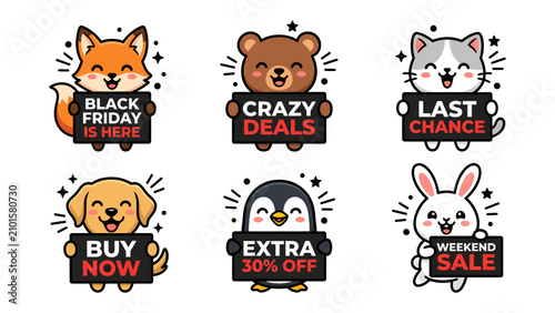 Cute Animals Announce Deals: Adorable cartoon animals like a fox, bear, cat, dog, penguin, and rabbit hold signs promoting Black Friday, crazy deals, last chance, buy now, extra discounts.