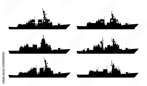 Tableau sur toile Modern Warship Silhouettes, Naval Destroyer Icons, Military Vessel Vector Set, M