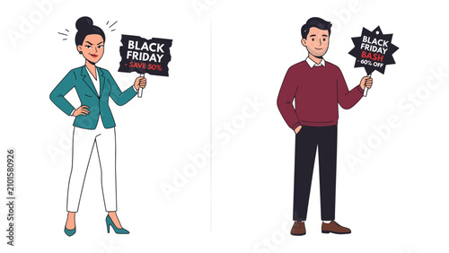 Fotografie Black Friday Bargain Hunters: A woman and man enthusiastically promote Black Friday sales, holding signs and expressing excitement for the shopping event