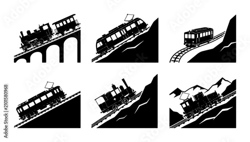Foto Funicular Railway Icons, Steep Hill Transport Vector Set, Mountain Ascent Tracti