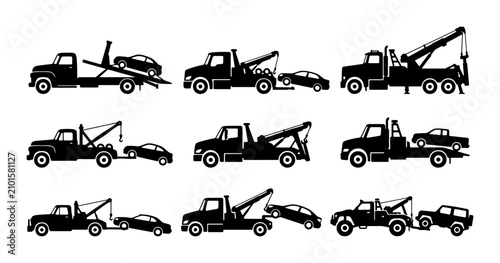 Obraz na płótnie Tow Truck Icons Set, Vehicle Recovery Service, Roadside Assistance Graphics, Bla