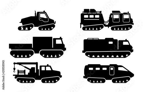 Fotografie All-Terrain Vehicle Icons, Snowcat Transport Set, Rugged Expedition Machines, Ve