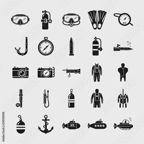 Scuba Diving Equipment Icons Set: Underwater Adventure Gear Collection