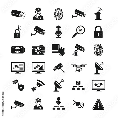 Security Icons Set: Surveillance, Protection, and Technology Symbols