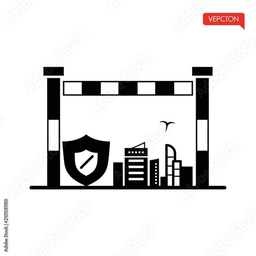 Security Shield Protecting City Buildings and Skyline Icon