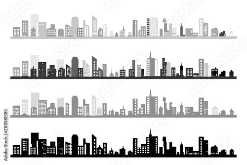 Cityscape silhouette collection grayscale vector illustration on a white background