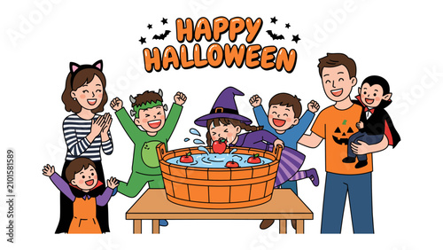 Foto Happy Halloween Celebration: A joyful family enjoys the classic game of apple bobbing during a festive Halloween gathering, dressed in whimsical costumes and radiating excitement