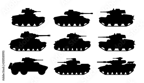 Quadro su tela Military Tank Silhouettes, Armored Vehicle Icons, Combat Machine Vector Set, War