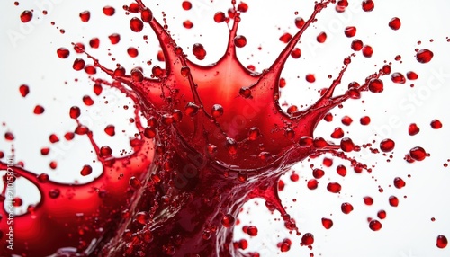 Red pomegranate juice splash with seeds. Liquid drops fly and drip in macro. Fresh beverage or cocktail element for advertising food and drinks.