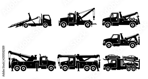 Schilderij op canvas Tow Truck Collection: Flatbed, Wrecker, Recovery Vehicles, Car Carrier Icons
