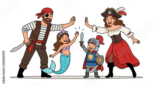 Bild auf Leinwand Fantasy Family Fun: A playful family dressed as pirates, a mermaid, and a knight high-five and share joyous moments, embodying imagination and childhood dreams