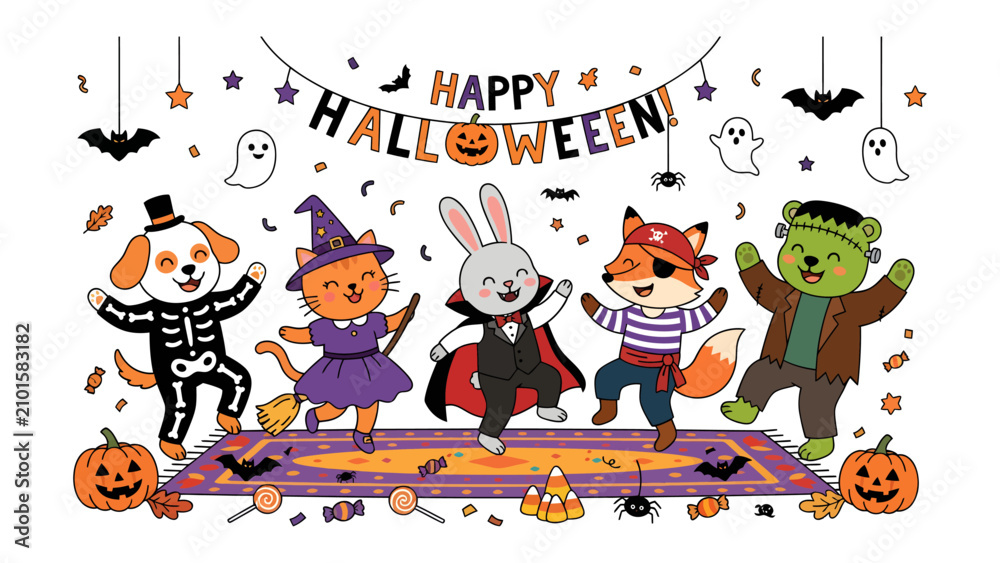 Fototapeta premium Happy Halloween Friends: A group of adorable cartoon animals dressed in festive Halloween costumes dance joyfully under a Happy Halloween! banner, surrounded by pumpkins, bats.