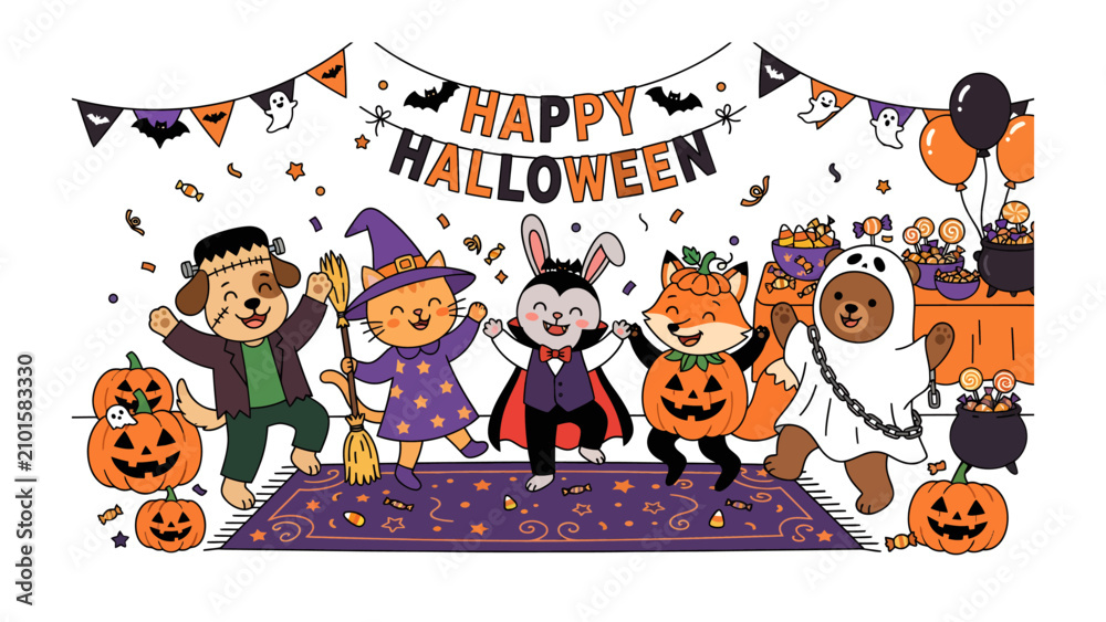 Fototapeta premium Halloween Animal Party: Adorable cartoon animals dressed in festive Halloween costumes, including Frankenstein, a witch, a vampire, and a ghost, celebrate together at a lively party with pumpkins.