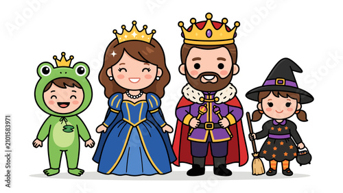 Foto Royal Family Costume Fun: A playful cartoon depicts a king, queen, prince, and princess dressed in whimsical costumes, celebrating a festive occasion with joy and laughter