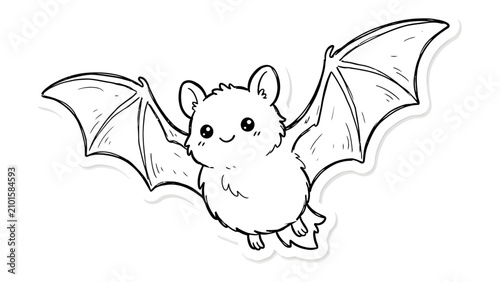 Slika na platnu Cute Bat Illustration: A whimsical and adorable bat with large, expressive eyes and outstretched wings is depicted in a simple line drawing, appearing to fly with a cheerful demeanor