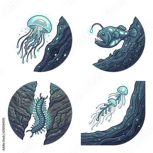 Deep sea creatures and marine life illustrations