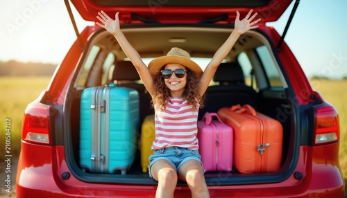 Happy girl sits in open trunk of red car with colorful luggage. Child wears straw hat sunglasses, smiles during summer road trip. Young traveler ready for family vacation adventure. Little kid enjoys