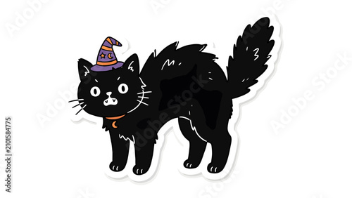 Photos Halloween Black Cat: A cute black cat wearing a witch's hat and collar stands with its fur fluffed up in a startled pose, perfect for spooky Halloween decorations and designs