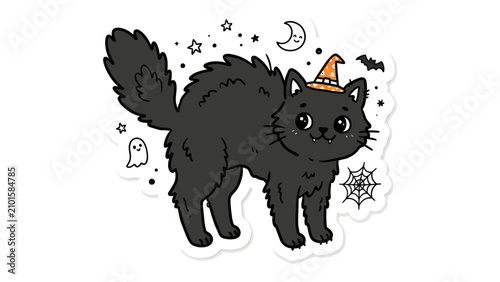 Εκτύπωση καμβά Halloween Black Cat Illustration: A whimsical black cat wearing a pointy witch's hat and surrounded by playful Halloween icons like stars, a crescent moon, a ghost, and a spiderweb