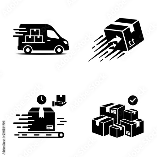 Delivery service icons showing van packages and conveyor belt logistics
