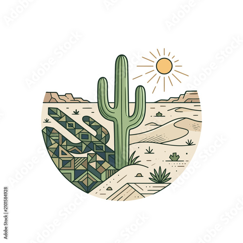 Desert landscape with cactus and sun in stylized illustration