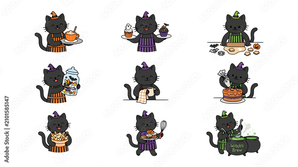 Obraz premium Halloween Cat Cooking Collection: A set of adorable black cat illustrations dressed in witch hats and aprons, engaging in various Halloween-themed baking and cooking activities.