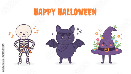 Fotografija Happy Halloween Characters: A cute skeleton, a cool bat with sunglasses, and a cheerful witch hat adorned with flowers stand together
