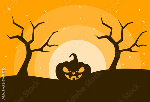 Scary jackolantern orange background silhouette barren trees starry night festive halloween scene.