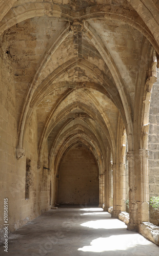 Historic Gothic Cloister Corridor with Pointed Arches and Sunlit Stone Vaults