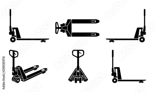 Fotografie Pallet Jack Icons Set, Warehouse Equipment Vector Graphics, Forklift Truck Colle