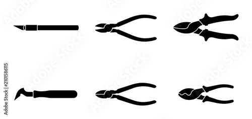 Quadro su tela Set of 6 Black Vector Tools: Craft Knife, Pliers, Cutters, Awl, for DIY, Repair,