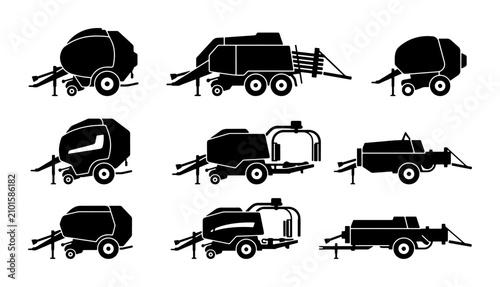 Fotografía Agricultural Baler Icons: Round, Square, and Silage Bale Machines, Farm Equipmen