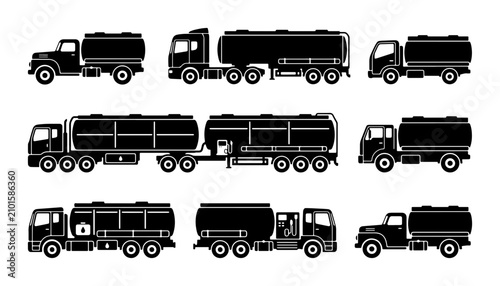 Photos Black Silhouette Tanker Trucks Collection, Liquid Transport Vehicles Set, Fuel D