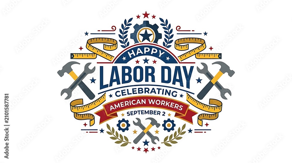 Fototapeta premium Labor day typographic banner with tools and gears .
