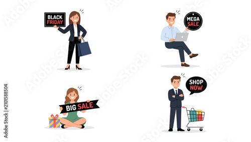 Принти на полотні Black Friday Shopping Frenzy: A compilation of four distinct scenes illustrating the excitement and commercialism of Black Friday sales, featuring shoppers with bags, sale signs, laptops