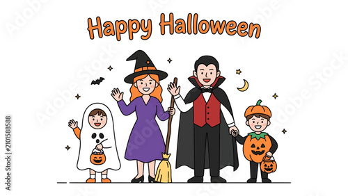 Happy Halloween Family Fun: A whimsical illustration depicts a family dressed in festive Halloween costumes—a witch, a vampire, a ghost, and a pumpkin—ready for a night of trick-or-treating.