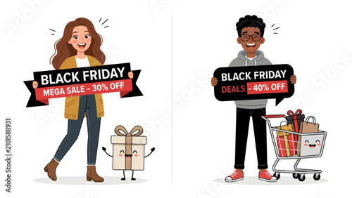 Foto Black Friday Shopping Frenzy: A cheerful woman and a delighted man promote Black Friday mega sale and deals, holding signs offering significant discounts