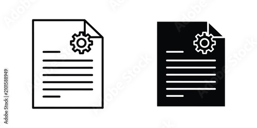 White paper document with gear icon in top right corner and black outline version isolated on white background