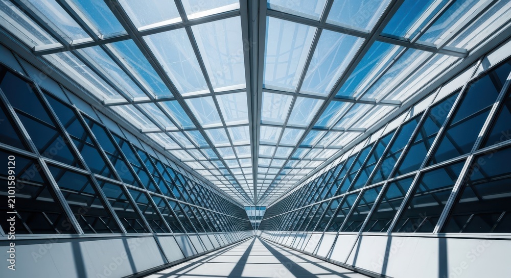 Obraz premium A striking view of architectural glass and steel beams converging at a sharp point, highlighting geometric shapes and shadow play in sunlight, urban, minimalist, structure